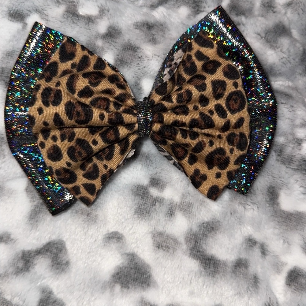 Leopard Pattern Hair Bow with Glitter Edges